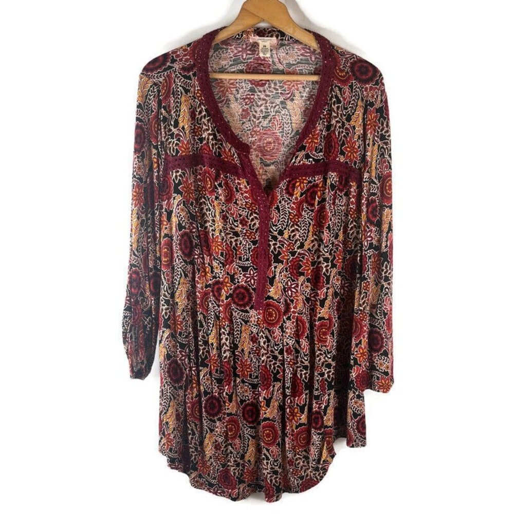 Westbound Womens Tunic Blouse Shirt Top Size 2X Burgundy Red Floral Pleated